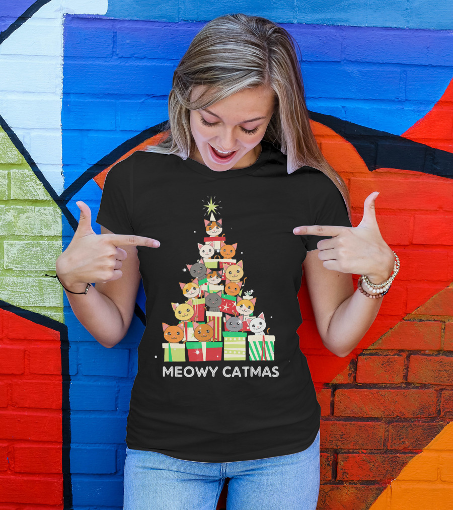 Meowy Catmas Funny Cat Christmas Tree Box T-Shirt