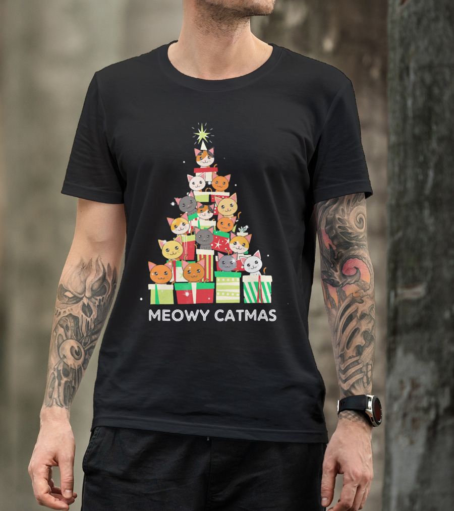 Meowy Catmas Funny Cat Christmas Tree Box T-Shirt