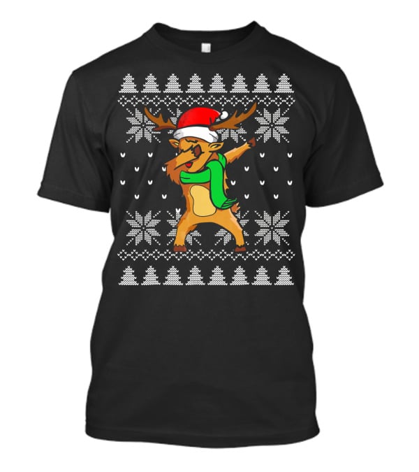 Funny Christmas Dabbing Reindeer In Santa Hat And Scarf Ugly T-Shirt