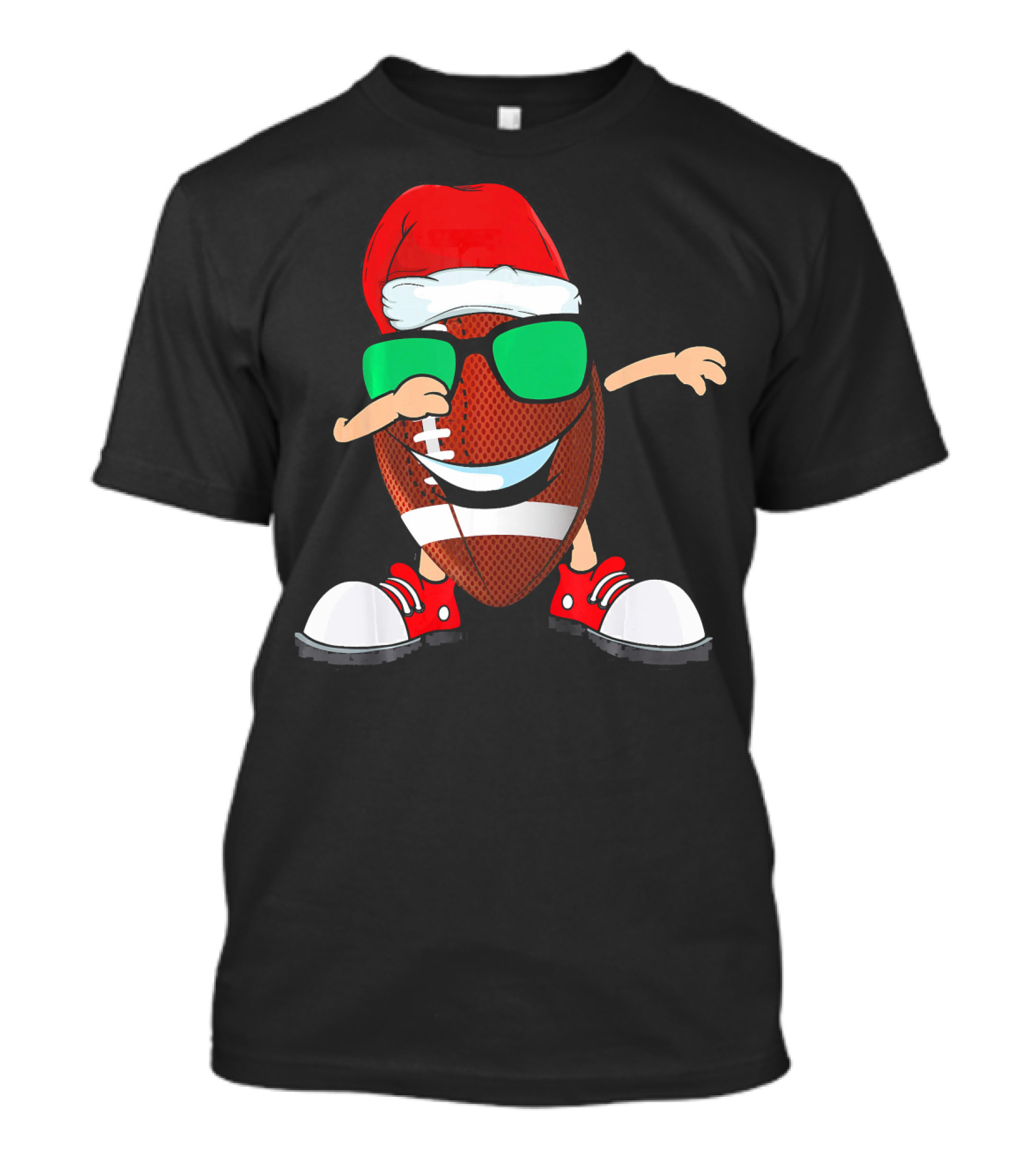 Dabbing Football Wearing Santa Hat With Green Sunglasses And Red Sneakers T-Shirt
