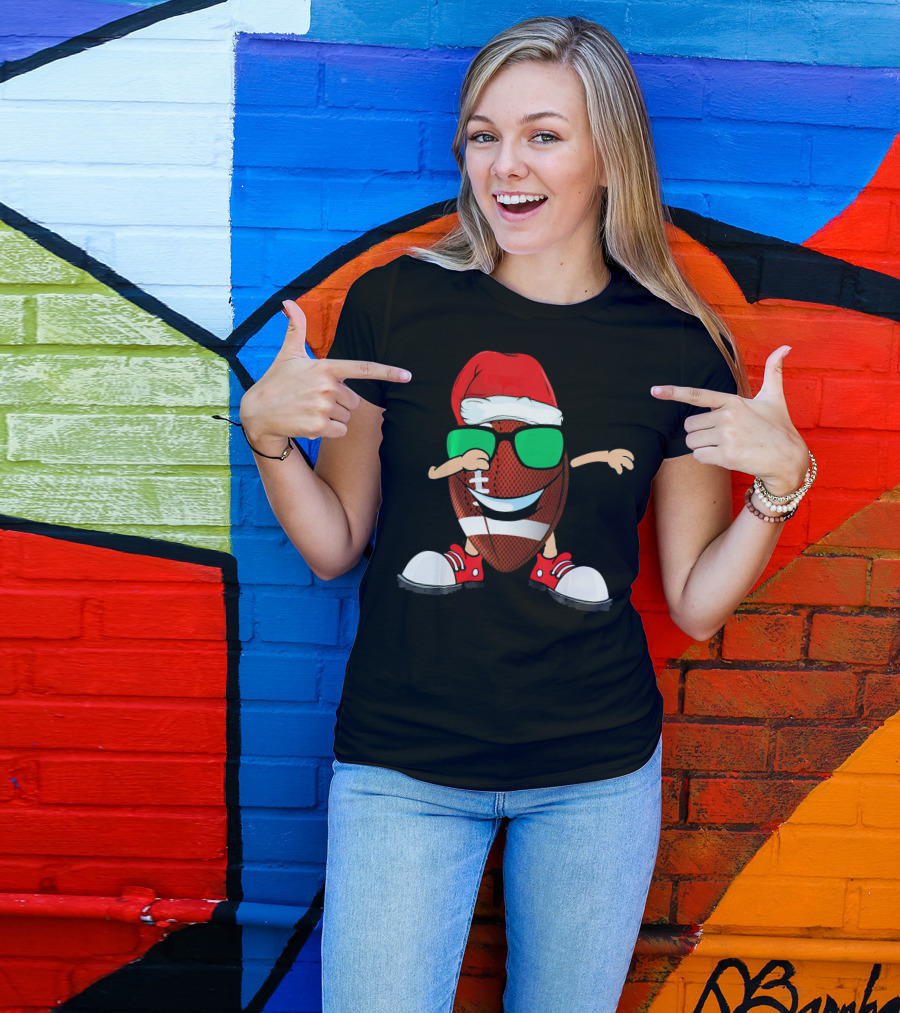Dabbing Football Wearing Santa Hat With Green Sunglasses And Red Sneakers T-Shirt
