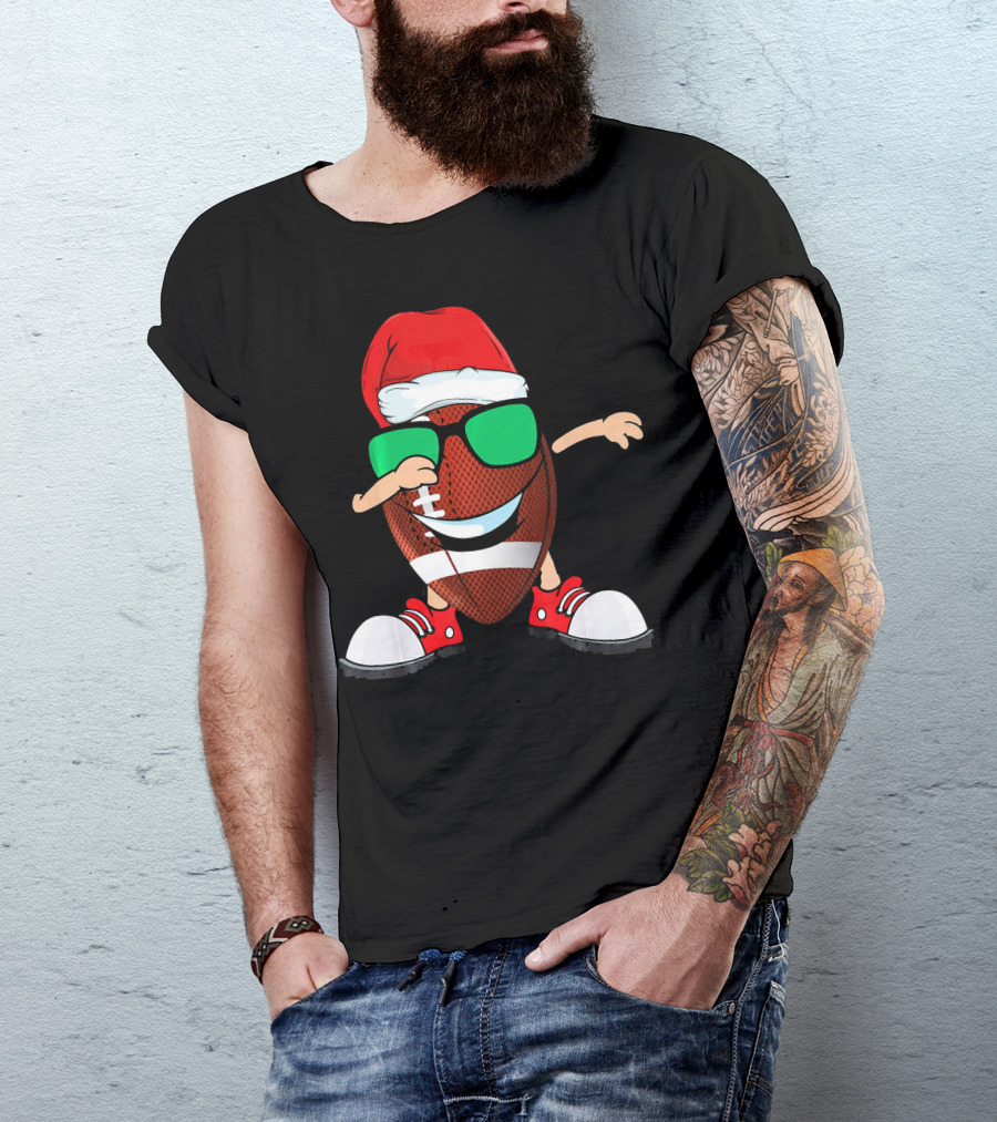 Dabbing Football Wearing Santa Hat With Green Sunglasses And Red Sneakers T-Shirt