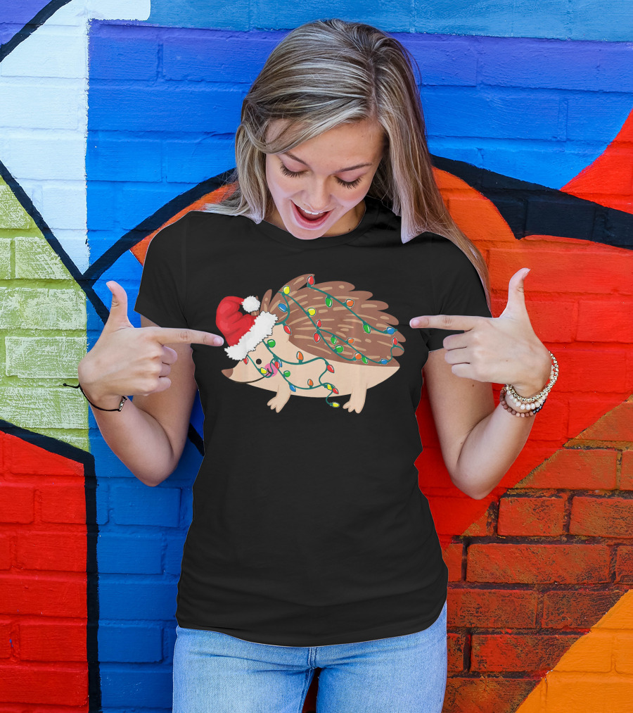 Hedgehog Christmas Lights Funny Santa Hat T-Shirt