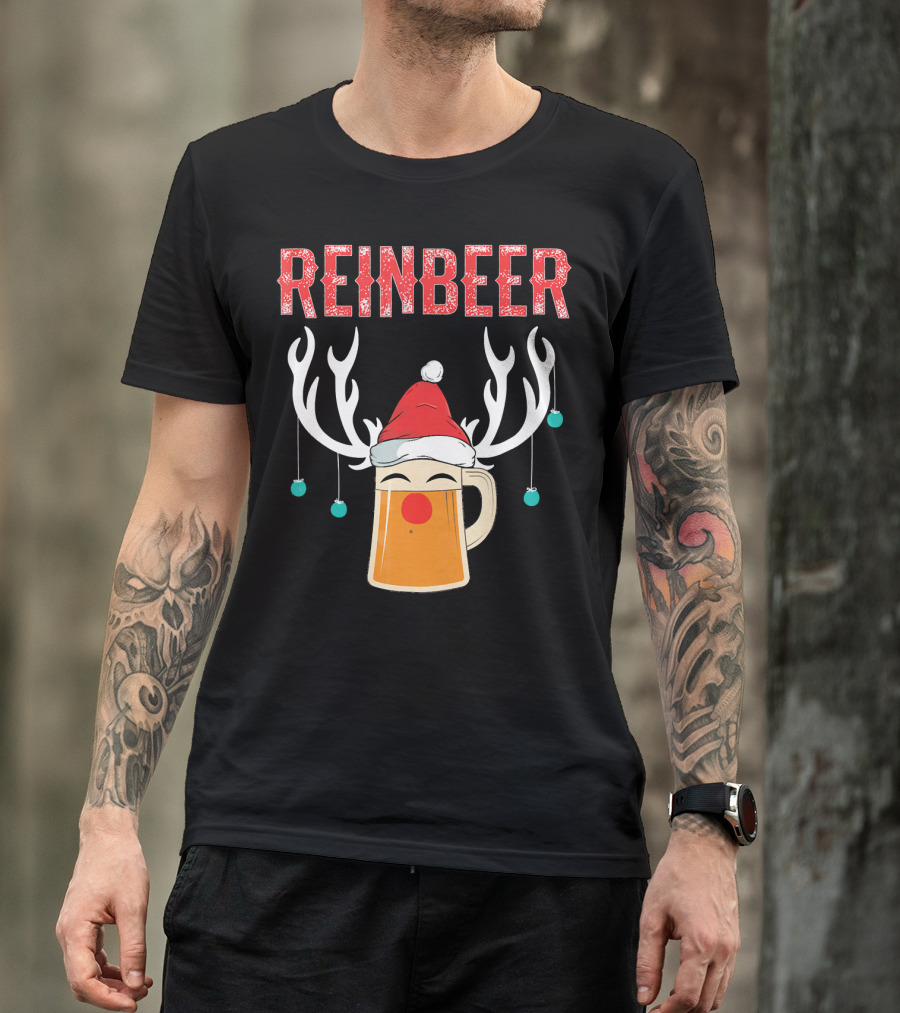 Reinbeer Christmas Antler Humor With Santa Hat Beer Mug T-Shirt