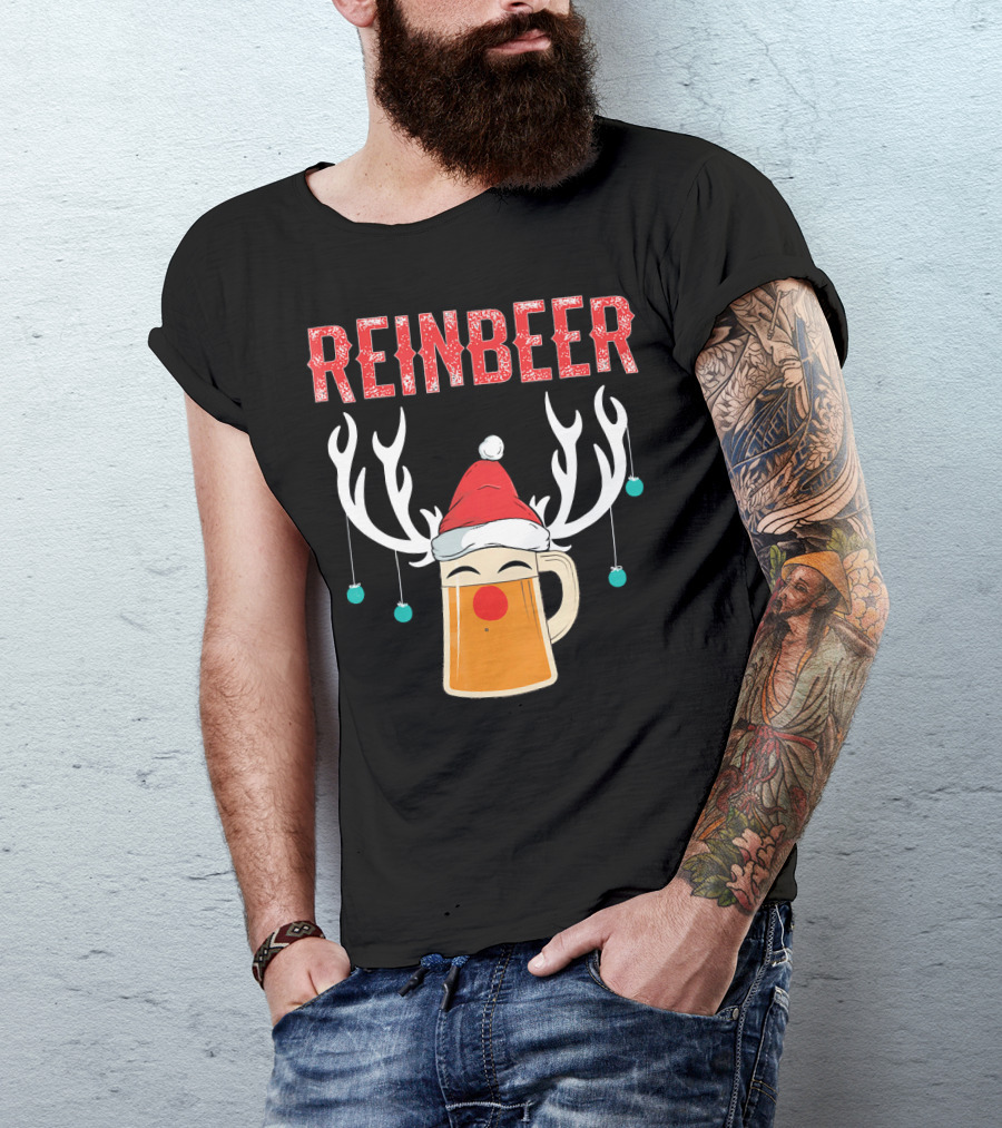 Reinbeer Christmas Antler Humor With Santa Hat Beer Mug T-Shirt