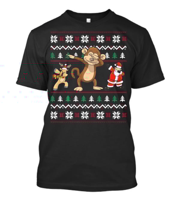 Funny Dabbing Monkey With Santa And Reindeer In Christmas T-Shirt