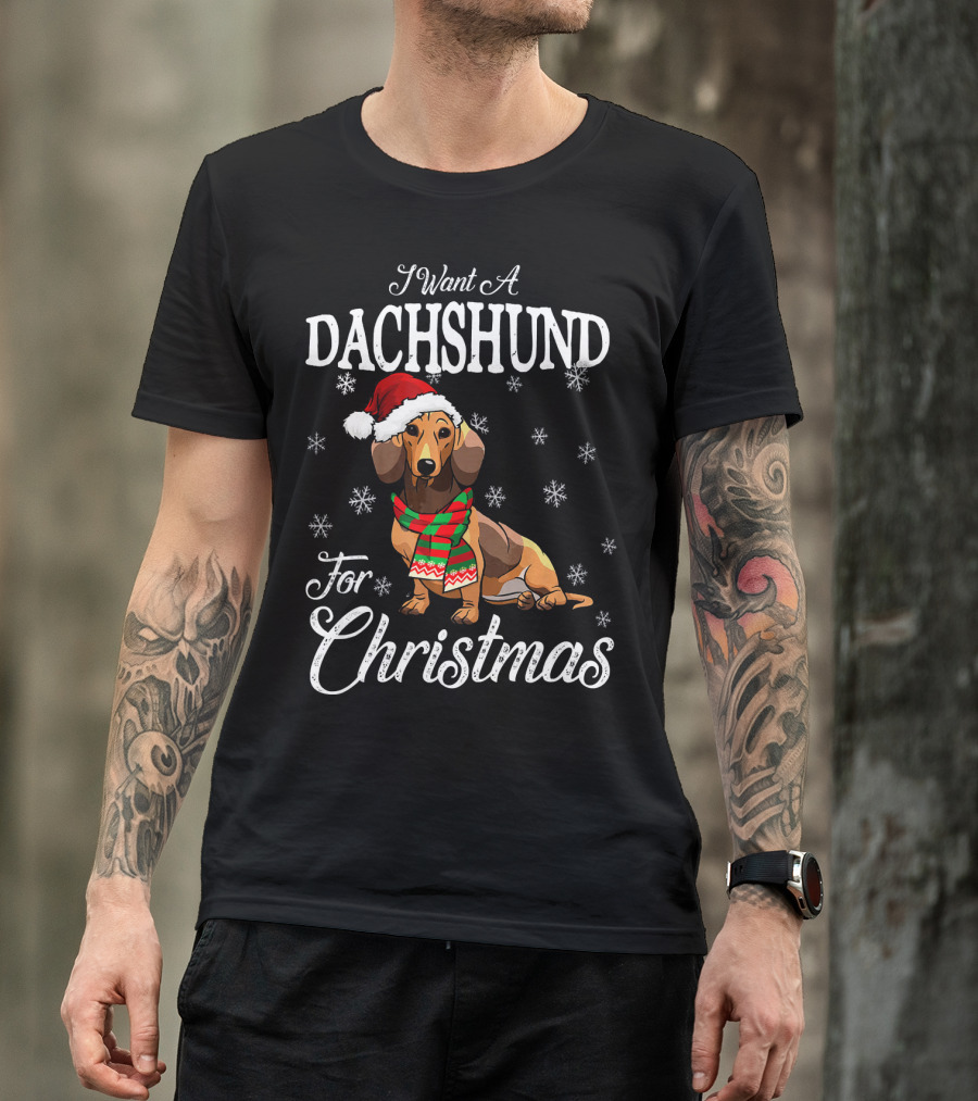 I Want A Dachshund Wearing Santa Hat And Scarf For Christmas Snowflakes T-Shirt
