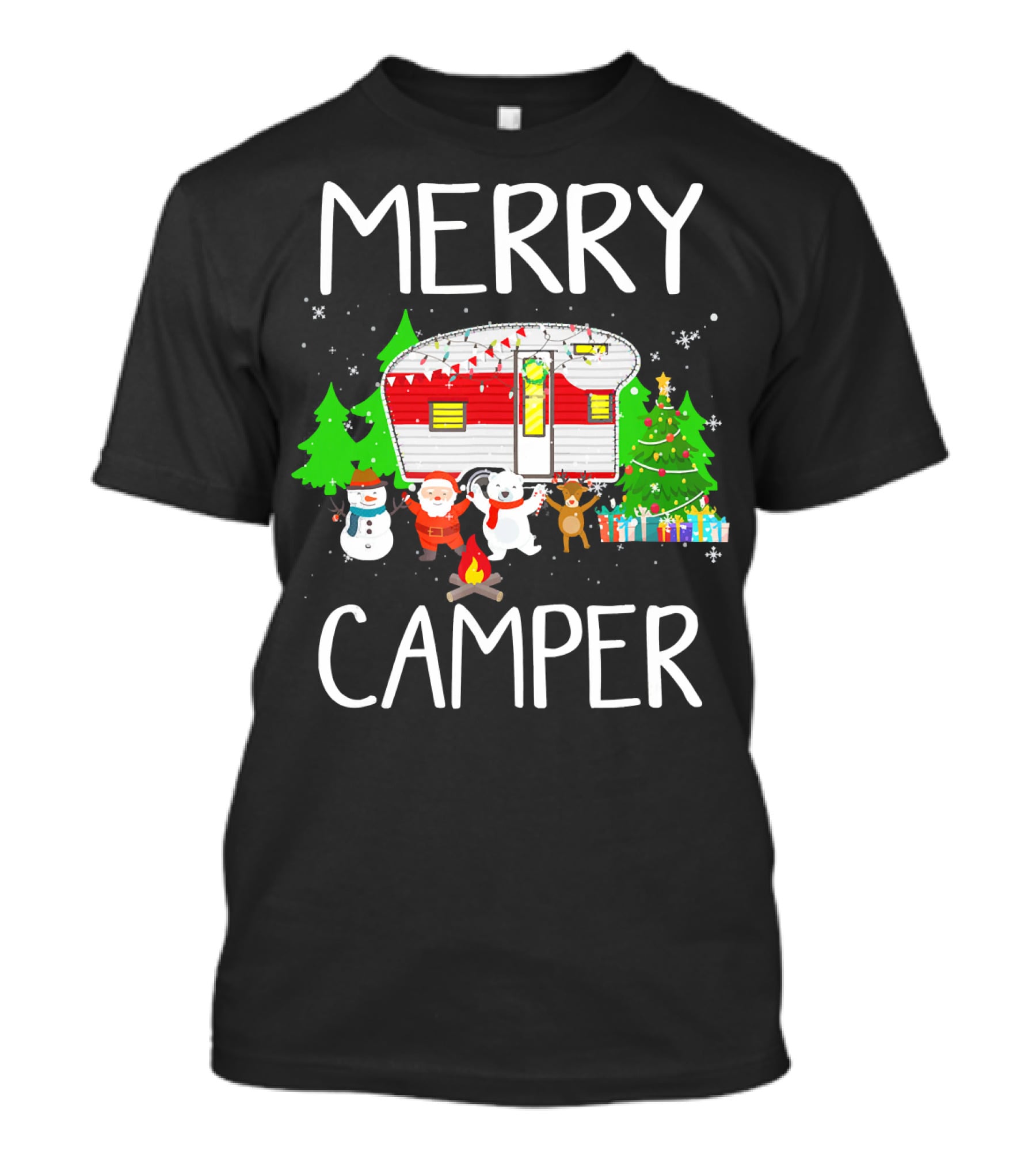 Merry Camper Christmas Santa Snowman Reindeer Campfire Scene T-Shirt