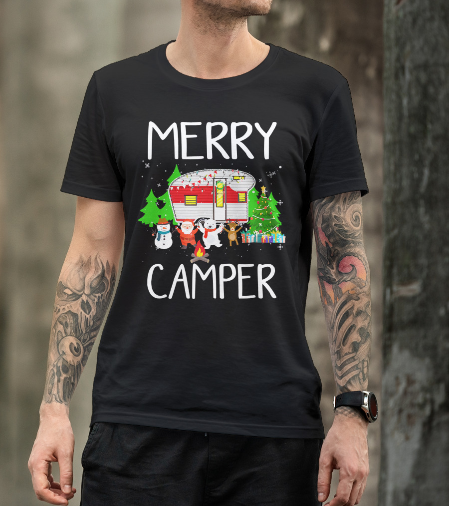 Merry Camper Christmas Santa Snowman Reindeer Campfire Scene T-Shirt