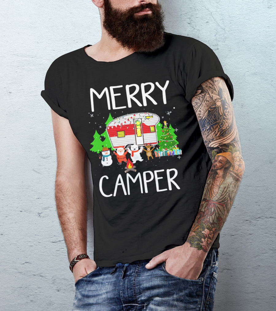 Merry Camper Christmas Santa Snowman Reindeer Campfire Scene T-Shirt