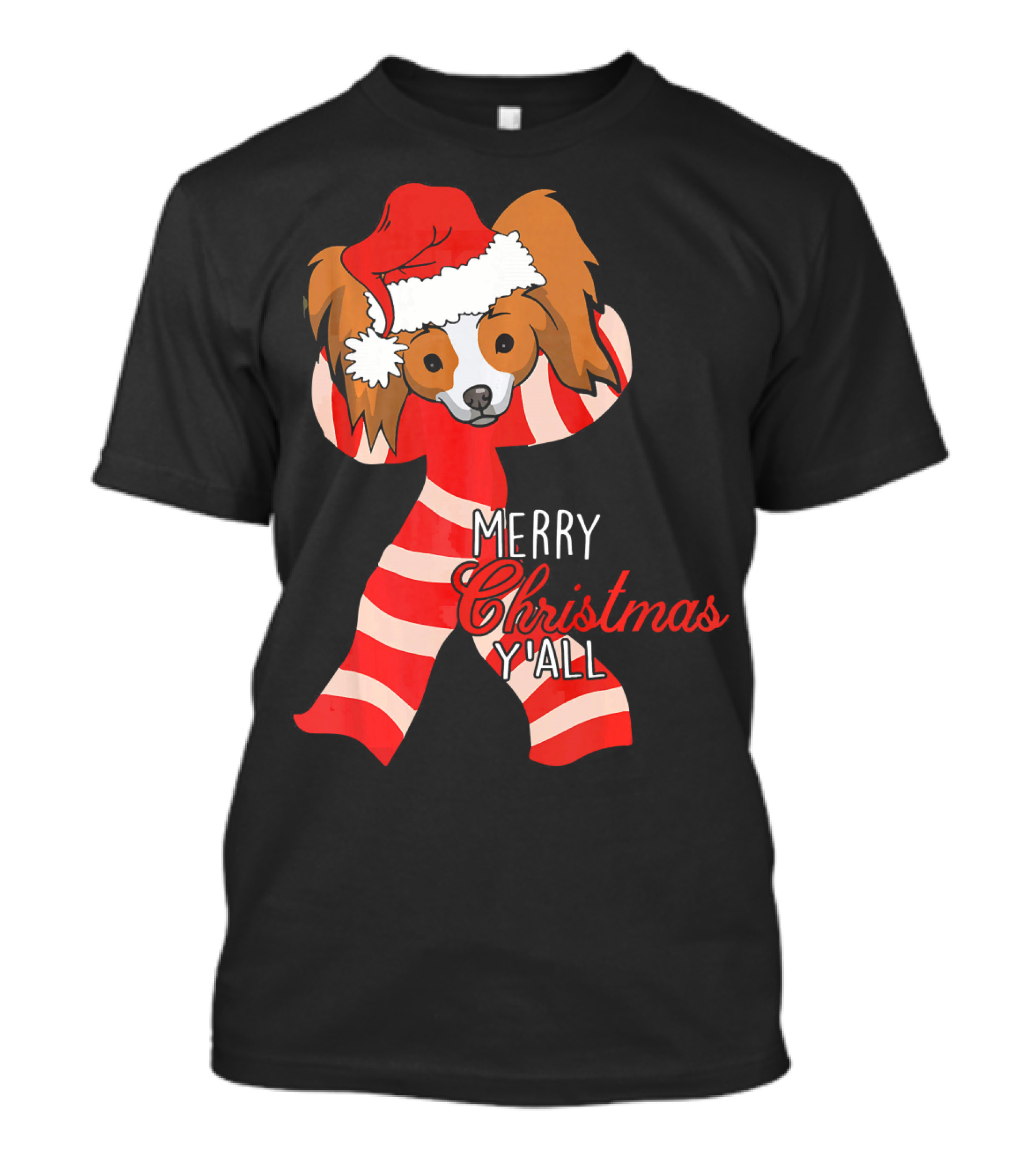 Papillon Dog Merry Christmas Y'all Santa Hat Striped T-Shirt