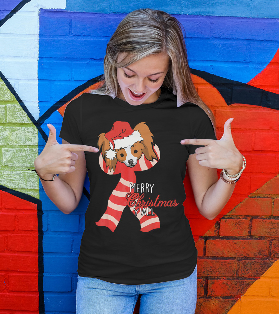 Papillon Dog Merry Christmas Y'all Santa Hat Striped T-Shirt