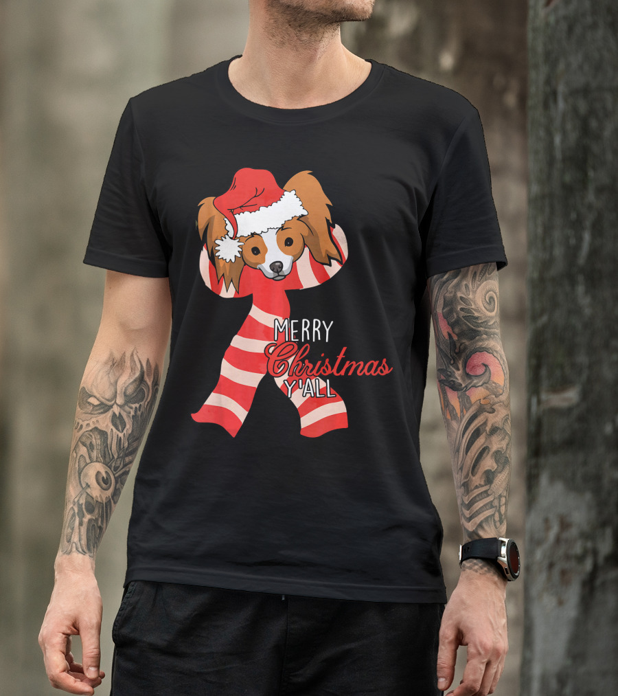 Papillon Dog Merry Christmas Y'all Santa Hat Striped T-Shirt