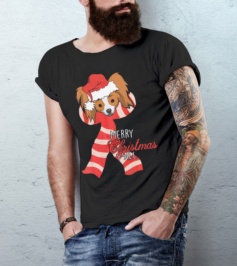 Papillon Dog Merry Christmas Y'all Santa Hat Striped T-Shirt