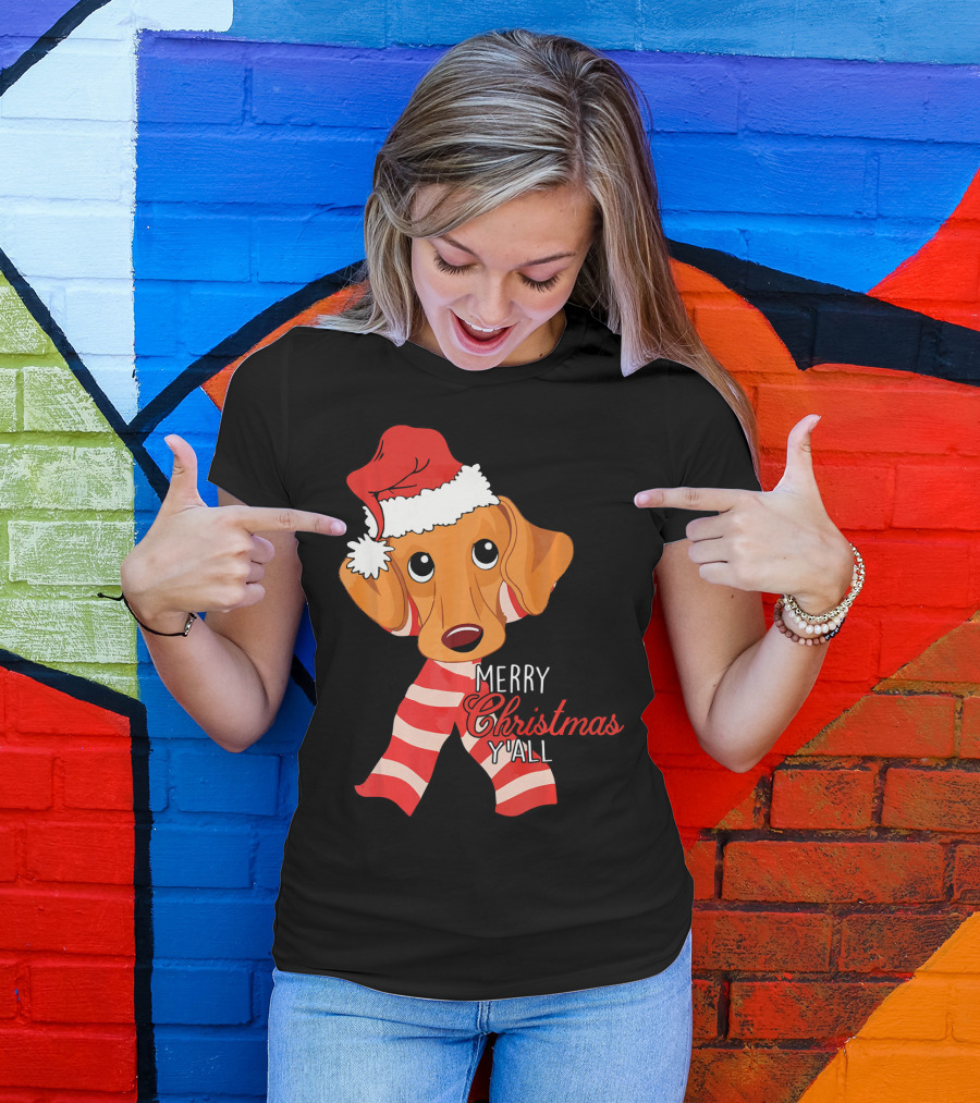 Merry Christmas Y'all Dachshund Dog Wearing Santa Hat And Striped Scarf T-Shirt