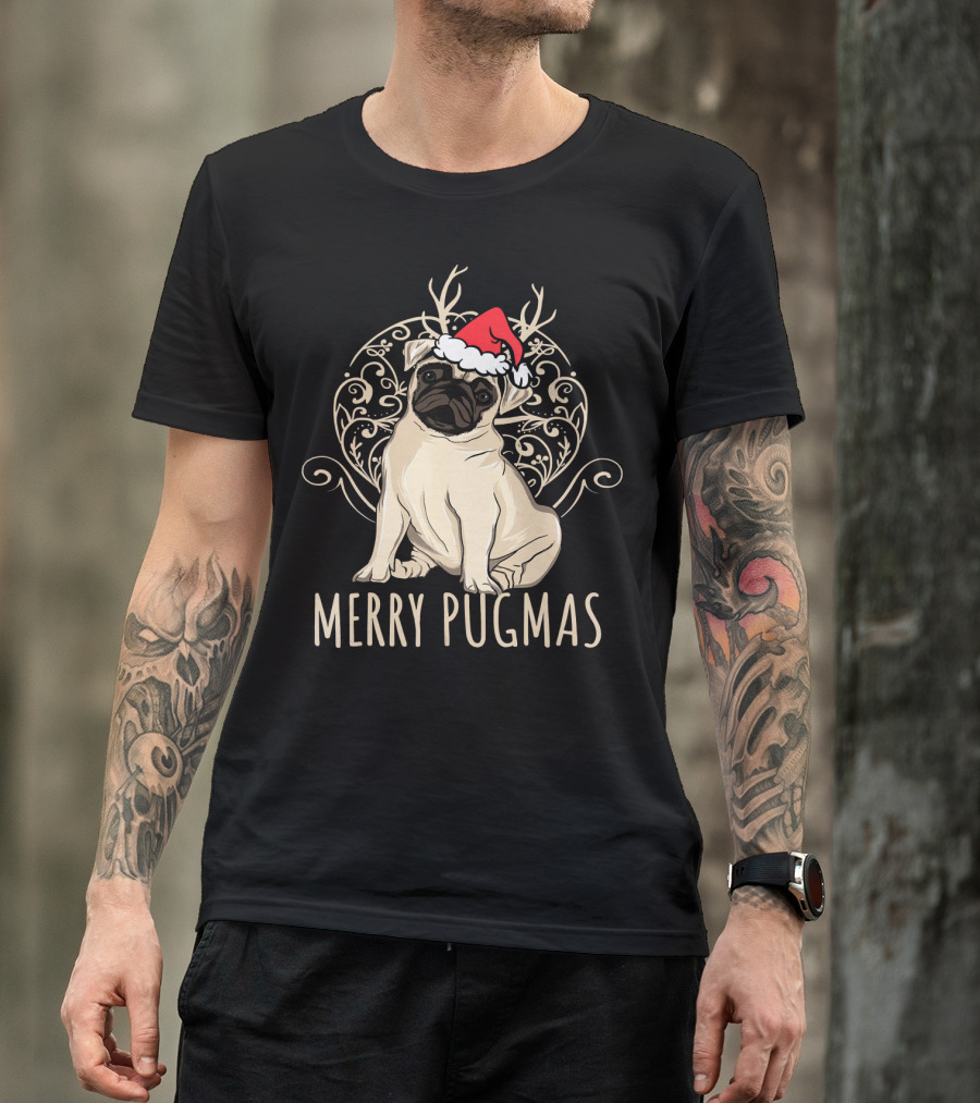 Merry Pugmas Funny Pug With Santa Hat And Antlers T-Shirt