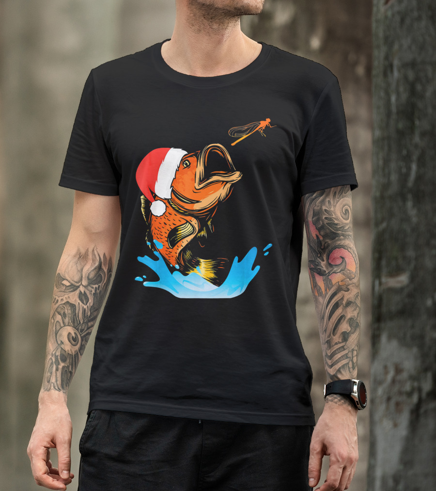 Bass Fishing Santa Hat Splashing Christmas Fish T-Shirt
