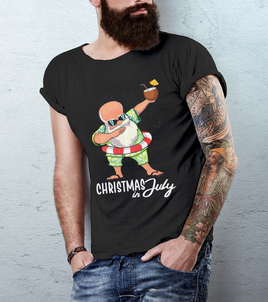 Dabbing Santa Christmas In July Coconut Drink Sunglasses Summer Fun T-Shirt