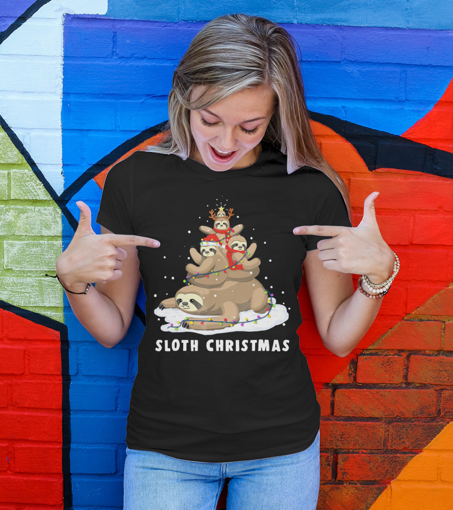 Sloth Christmas Tree With Reindeer And Santa Hats T-Shirt