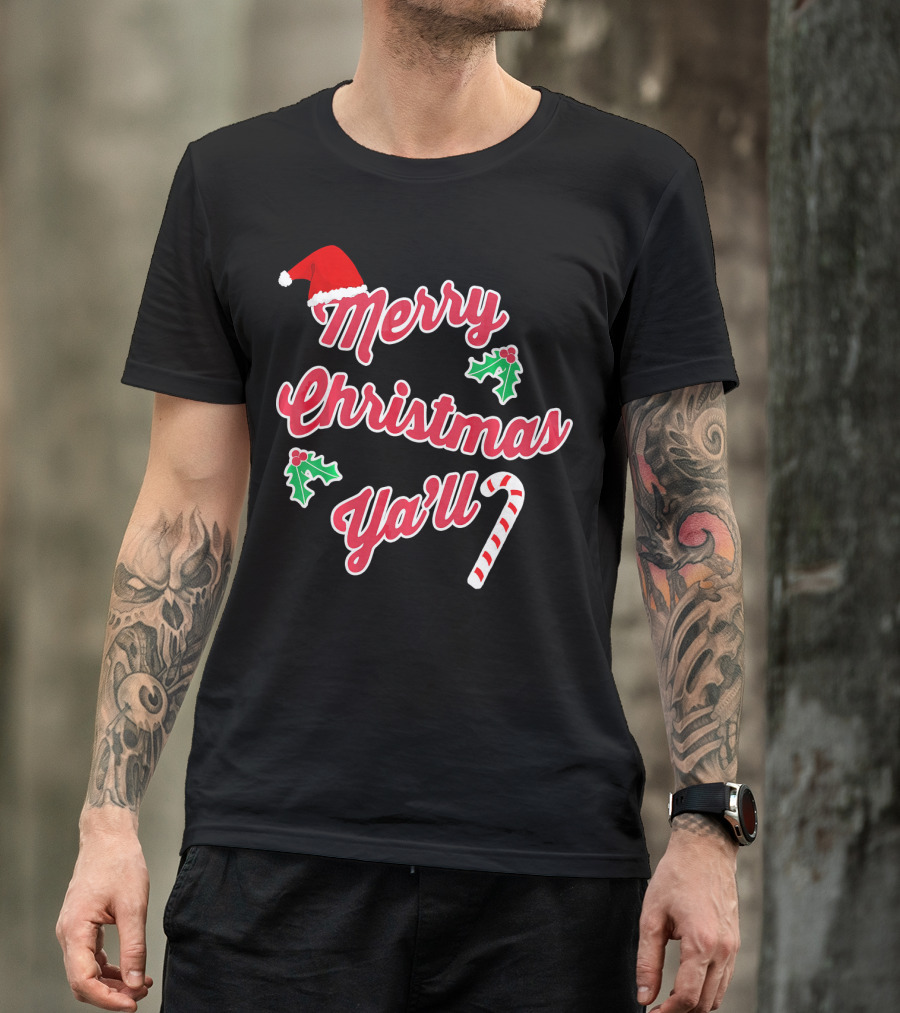Merry Christmas Y'all Santa Hat Holly Candy Cane T-Shirt