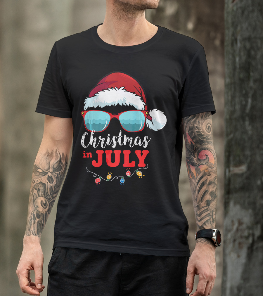 Santa Hat Sunglasses Christmas In July Holiday Lights T-Shirt