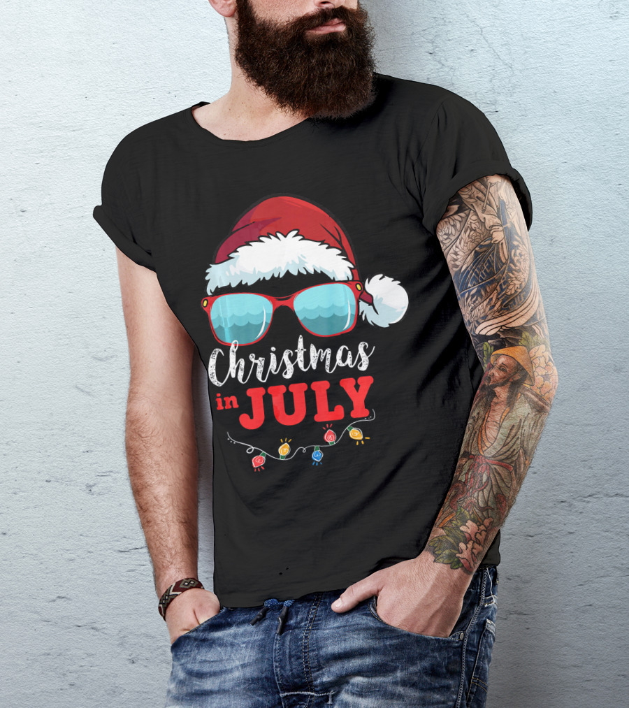 Santa Hat Sunglasses Christmas In July Holiday Lights T-Shirt
