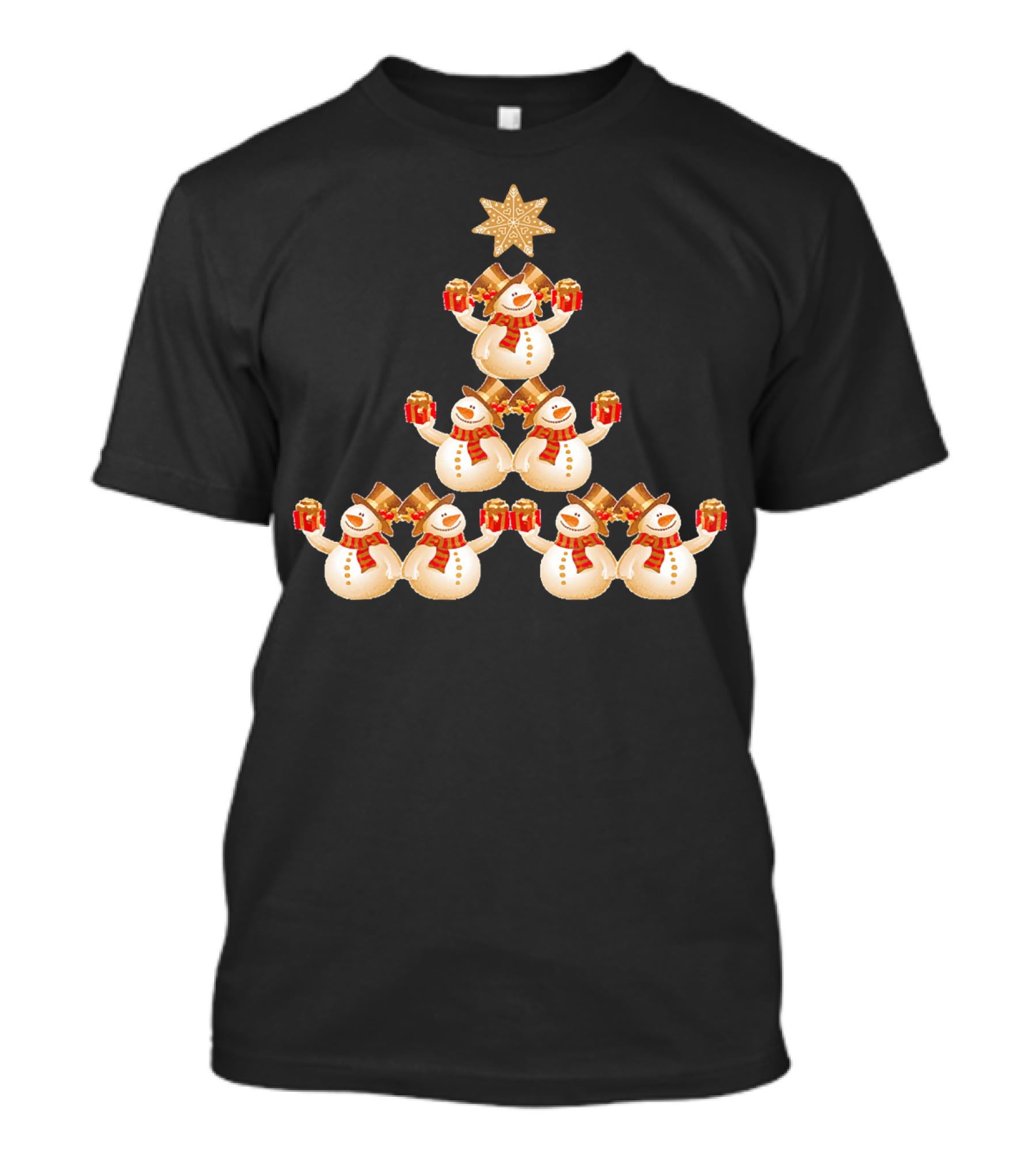 Snowman Pyramid Christmas Tree With Star And Red Gift Boxes T-Shirt