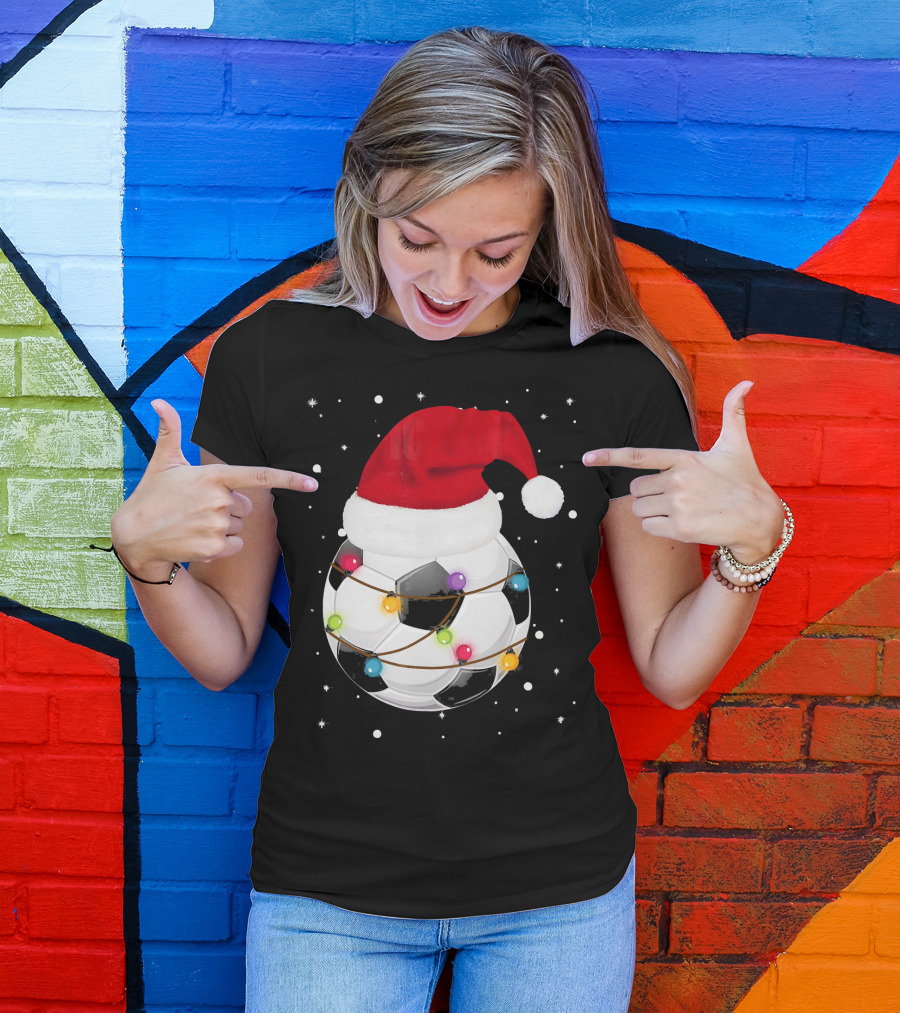 Santa Hat Soccer Ball Wrapped In Christmas Lights With Falling Snow T-Shirt
