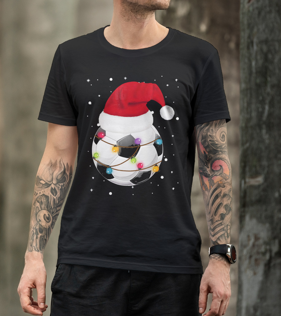 Santa Hat Soccer Ball Wrapped In Christmas Lights With Falling Snow T-Shirt