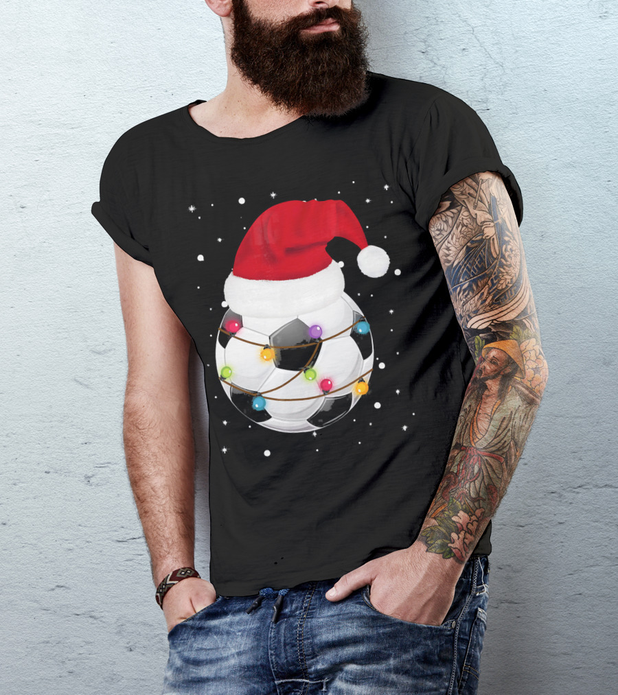 Santa Hat Soccer Ball Wrapped In Christmas Lights With Falling Snow T-Shirt