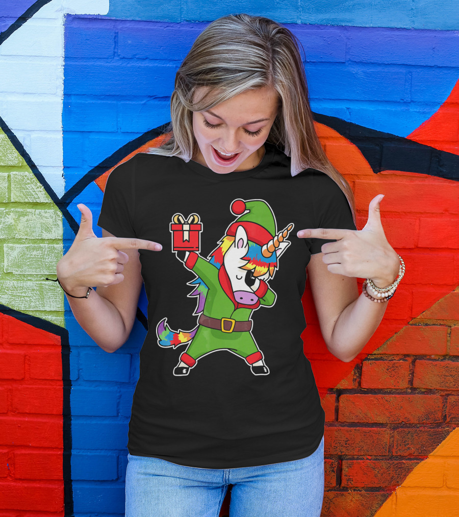 Christmas Dabbing Unicorn Elf With Rainbow Mane And Gift Box T-Shirt