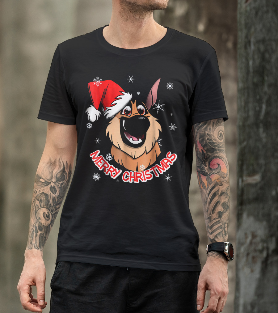 Merry Christmas GSD Smiling Santa Hat Snowflakes T-Shirt