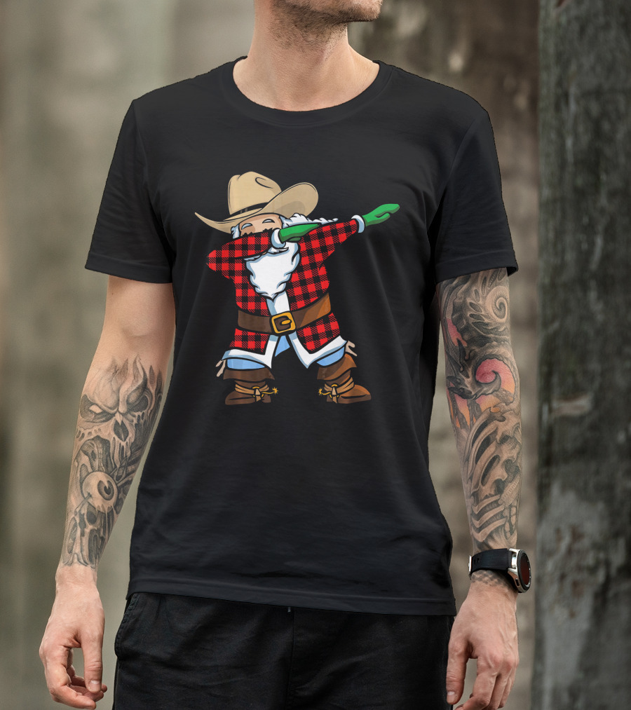 Santa Cowboy Christmas Dabbing Plaid T-Shirt