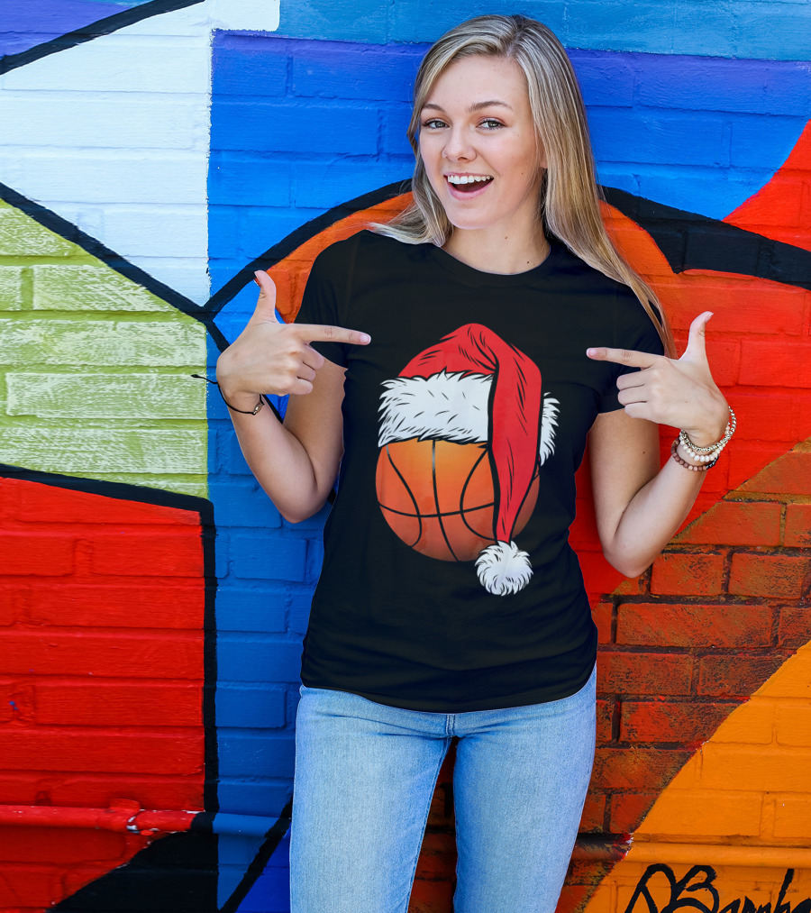 Christmas Santa Hat On Basketball Ball T-Shirt