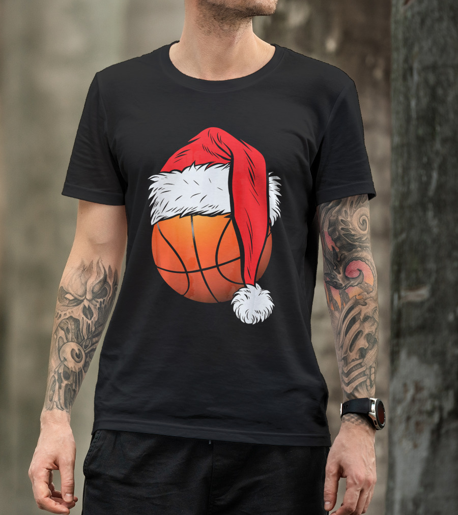 Christmas Santa Hat On Basketball Ball T-Shirt