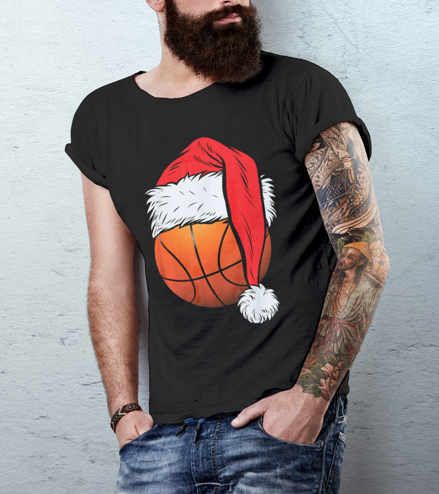Christmas Santa Hat On Basketball Ball T-Shirt