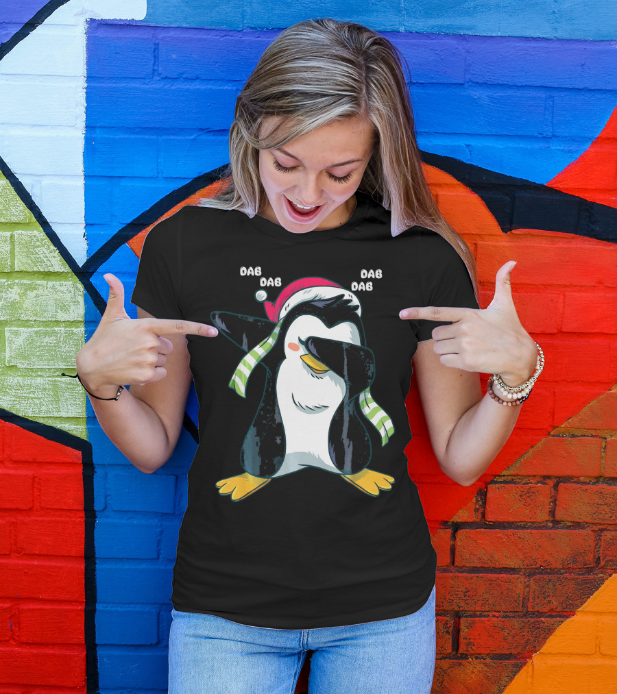 Dab Dab Dab Christmas Penguin Santa Hat And Scarf T-Shirt