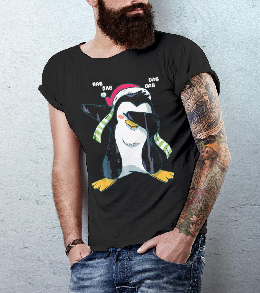 Dab Dab Dab Christmas Penguin Santa Hat And Scarf T-Shirt