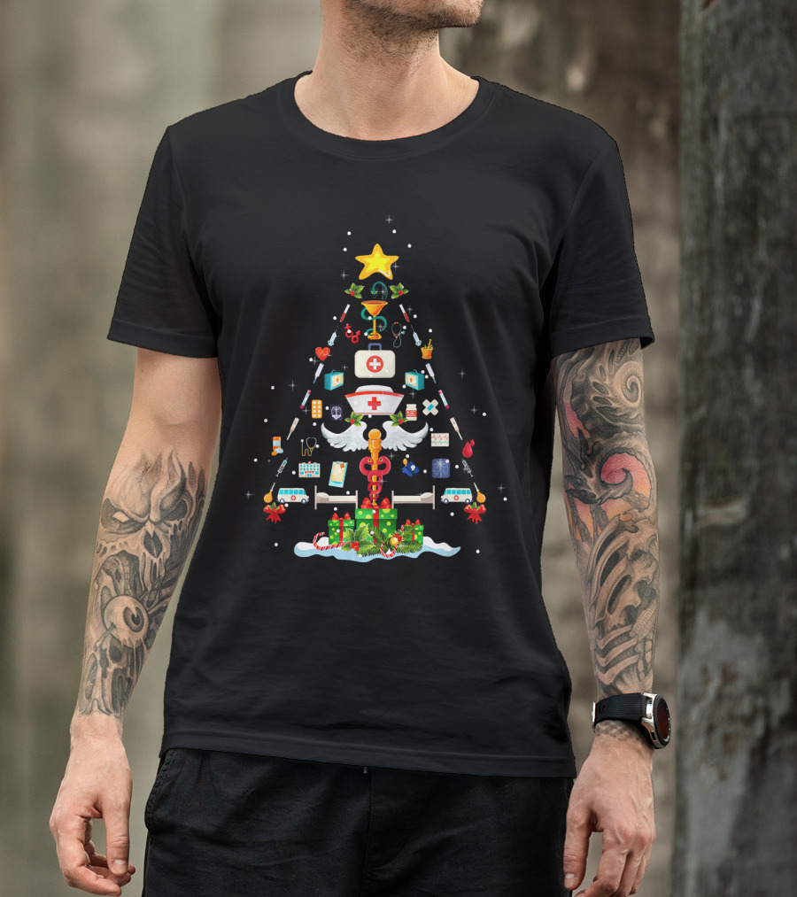 Funny Nurse Medical Christmas Tree With Syringes And Bandages T-Shirt