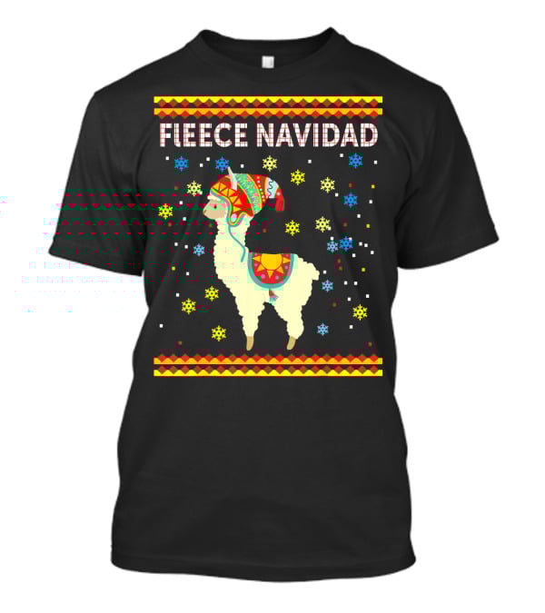 Fleece Navidad Cute Funny Llama With Colorful Winter Hat And Snowflakes T-Shirt