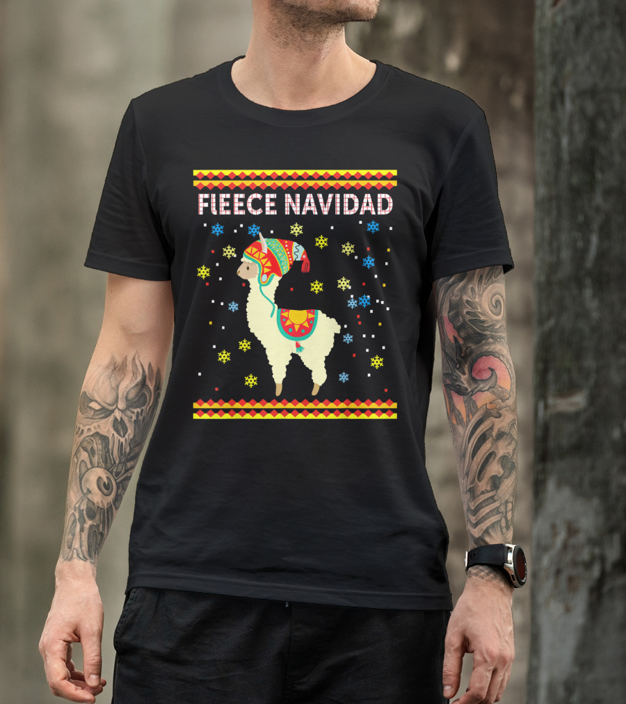 Fleece Navidad Cute Funny Llama With Colorful Winter Hat And Snowflakes T-Shirt