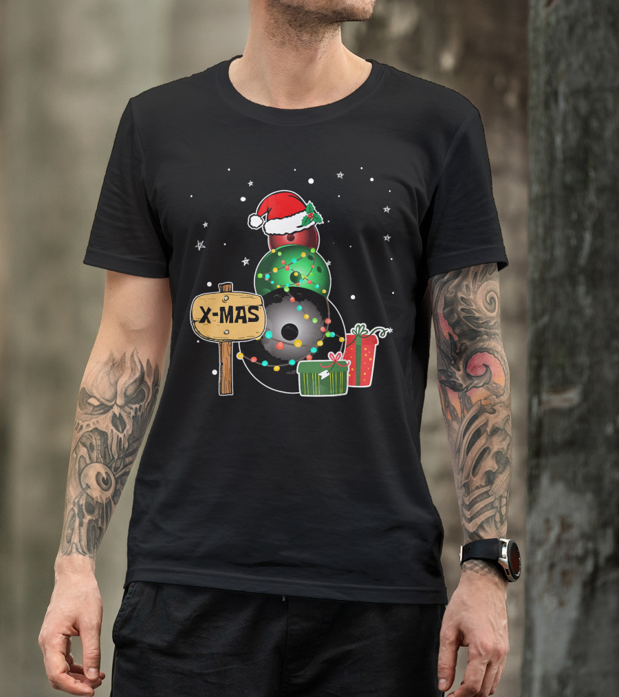 Bowling Snowman Xmas Presents With Santa Hat And Lights T-Shirt