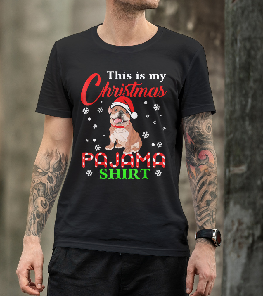 This Is My Christmas Pajama Shirt Dog Santa Hat Snowflakes T-Shirt