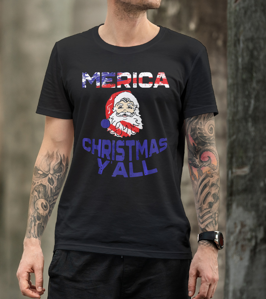 Merica Christmas Yall Santa Patriotic American Flag Colors T-Shirt