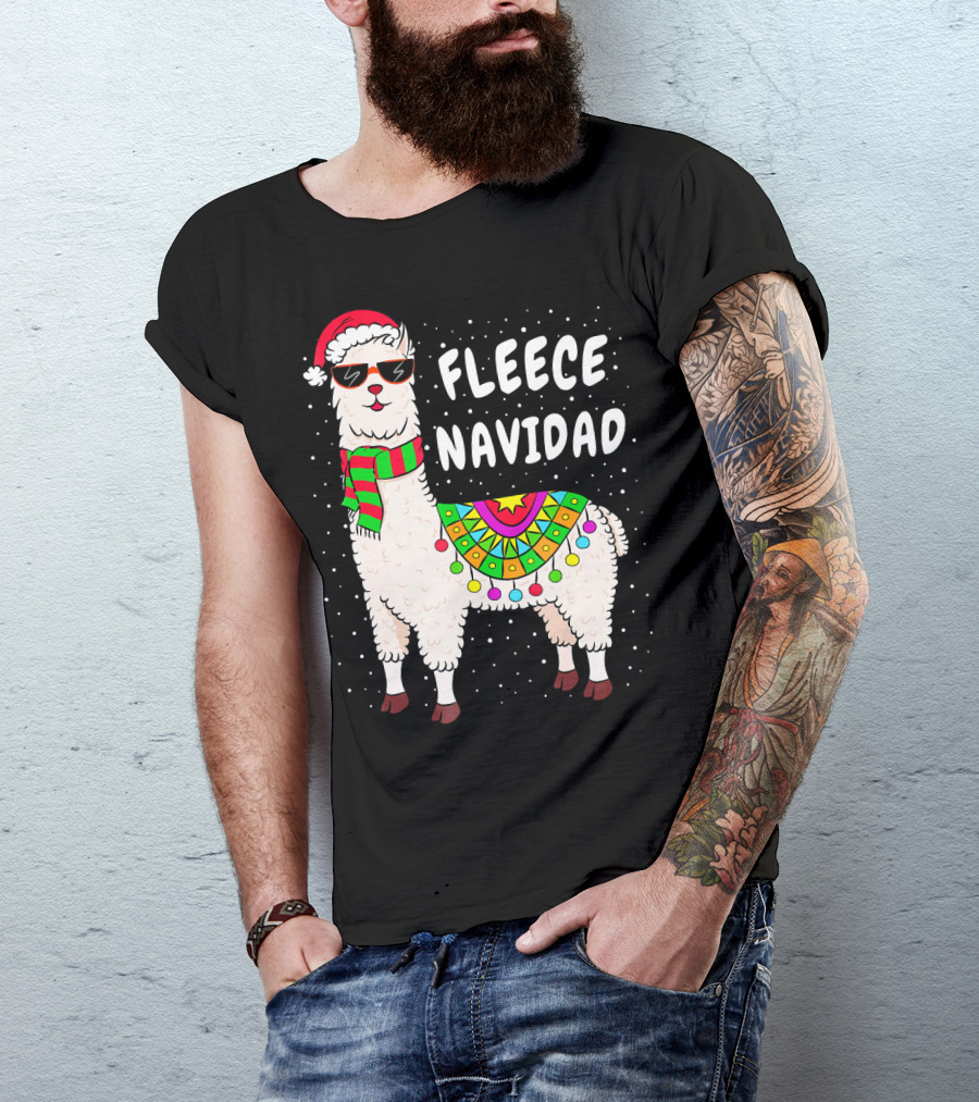 Fleece Navidad Christmas Llama Santa Hat Holiday T-Shirt