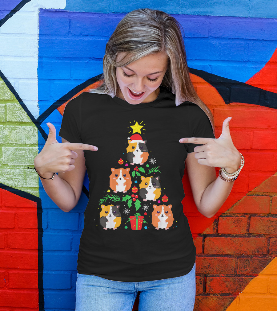 Guinea Pig Christmas Tree Santa Hat Festive T-Shirt