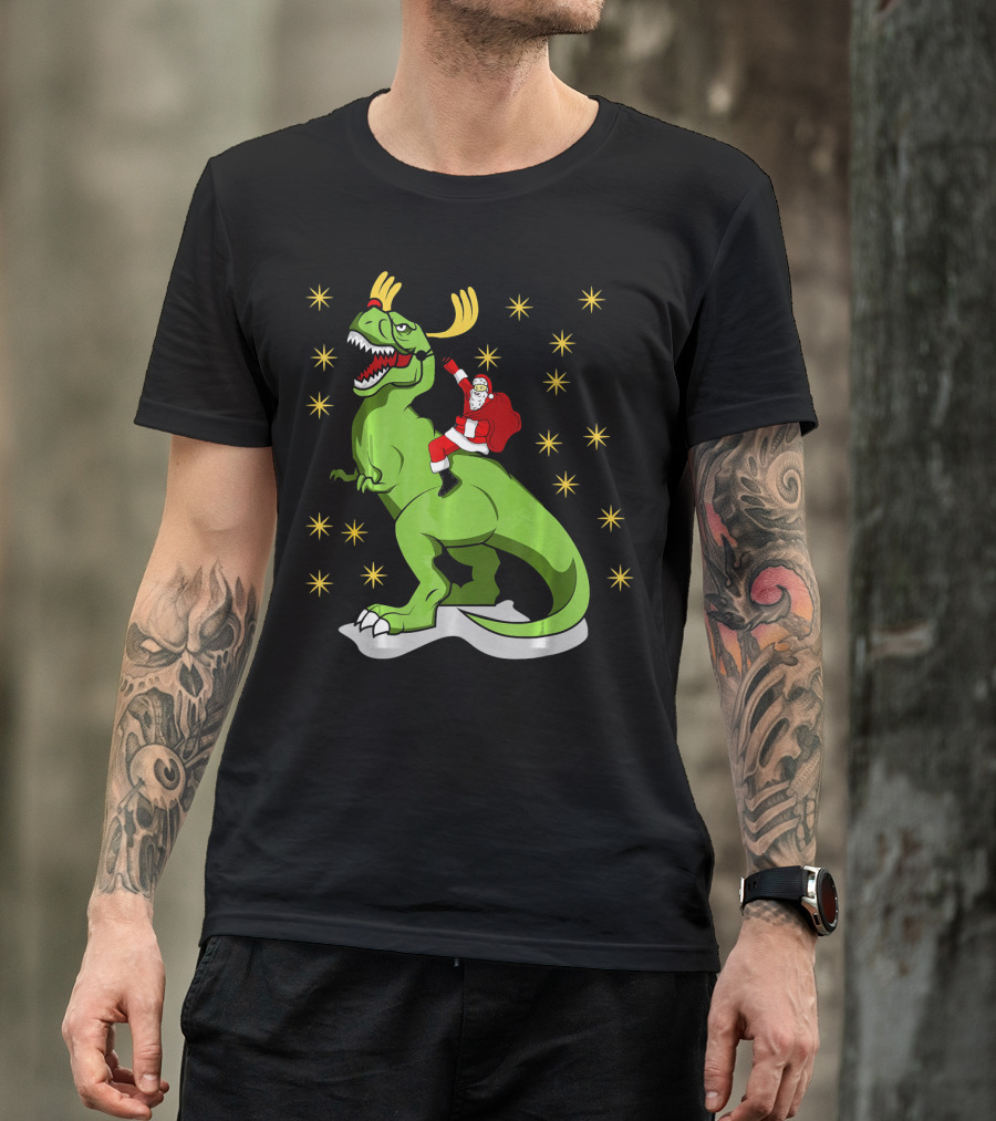 Santa Claus Riding Dinosaur With Reindeer Antlers And Stars T-Shirt