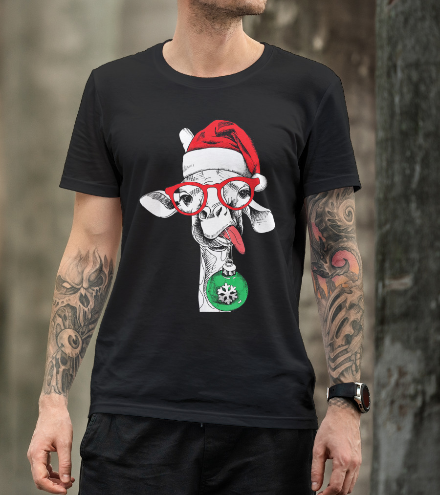 Santa Hat Giraffe Red Glasses Christmas T-Shirt