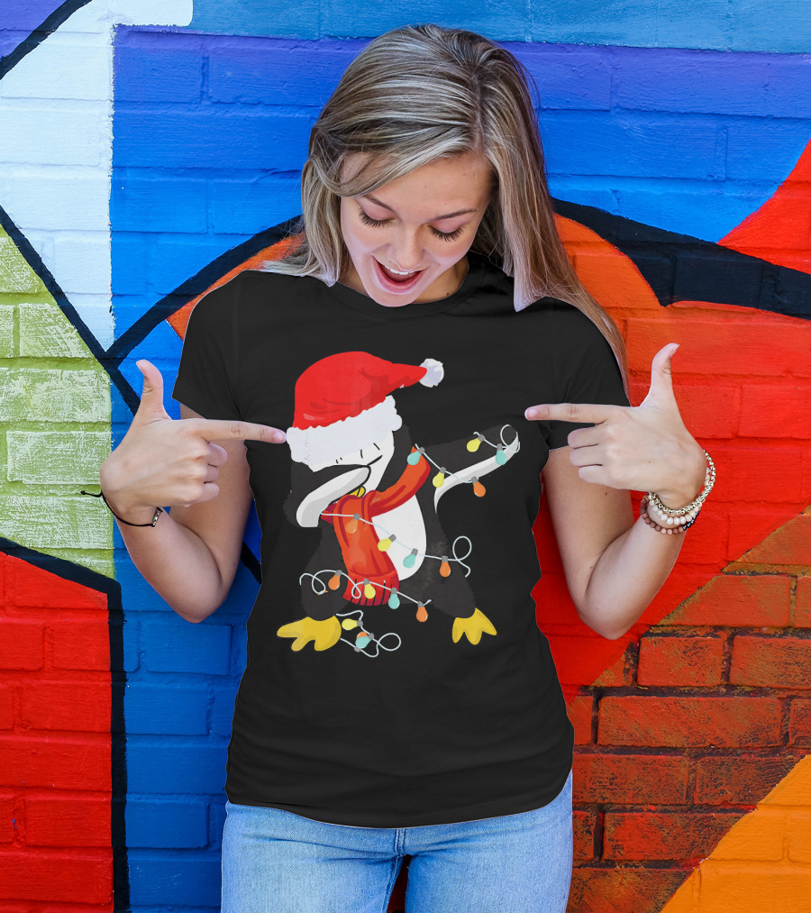 Dabbing Penguin Santa Christmas Lights T-Shirt