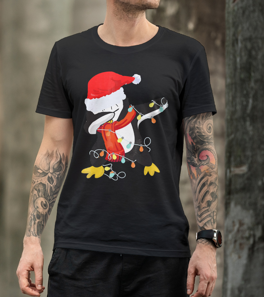 Dabbing Penguin Santa Christmas Lights T-Shirt